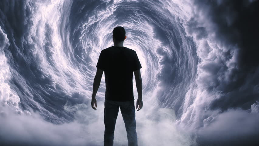 Silhouette Of Man Looking Up Into Dramatic Spiral Cloud Formation Spiritual Journey Contemplation