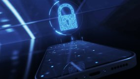 Cybersecurity lock icon hologram and smartphone. Data protection and privacy or antivirus concept. Finance data or VPN service protection. Blockchain and secure crypto wallet mobile app - Powered by Shutterstock - Get 15% off with code: PIKWIZARD15
