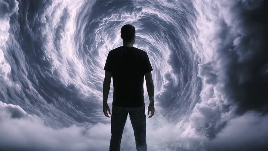 Silhouetted Man Standing Before Swirling Storm Clouds Mystical Portal Transformation Journey