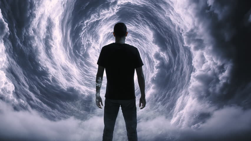Silhouetted Man Standing Before Swirling Storm Clouds Mystical Portal Transformation Journey