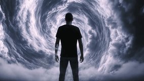 Silhouetted Man Standing Before Swirling Storm Clouds Mystical Portal Transformation Journey - Powered by Shutterstock - Get 15% off with code: PIKWIZARD15