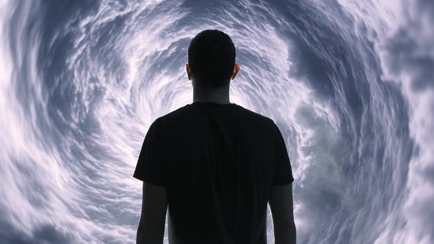 Silhouette Man Standing Before Swirling Cloud Vortex Time Space Portal