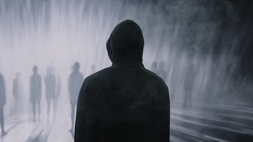 Mysterious Hooded Man Faces Ethereal Crowd In Foggy Dystopian Social Commentary Dark Atmospheric