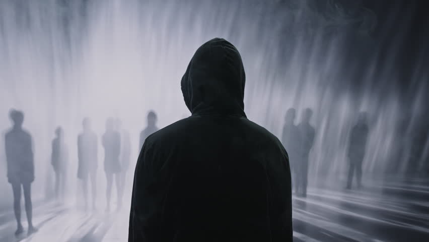Hooded Man Watches Shadowy Crowd In Misty Atmospheric Scene Mental Health Isolation Solitude