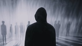 Hooded Man Watches Shadowy Crowd In Misty Atmospheric Scene Mental Health Isolation Solitude - Powered by Shutterstock - Get 15% off with code: PIKWIZARD15