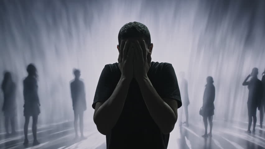 Anxious Person Covering Face Surrounded By Blurred Shadowy Figures Mental Health Fear Isolation