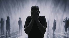 Anxious Person Covering Face Surrounded By Blurred Shadowy Figures Mental Health Fear Isolation - Powered by Shutterstock - Get 15% off with code: PIKWIZARD15
