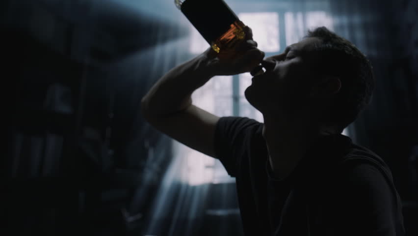 Silhouette Man Drinking Alcohol In Dark Room Depression Addiction Mental Health Journey