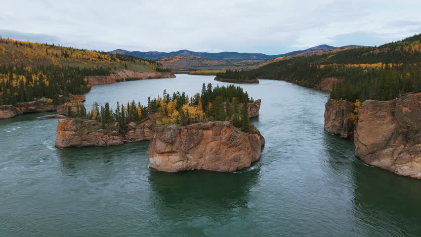 A Picturesque View of Five Finger Rapids Along the Yukon River in Yukon, Canada - Aerial Drone Shot