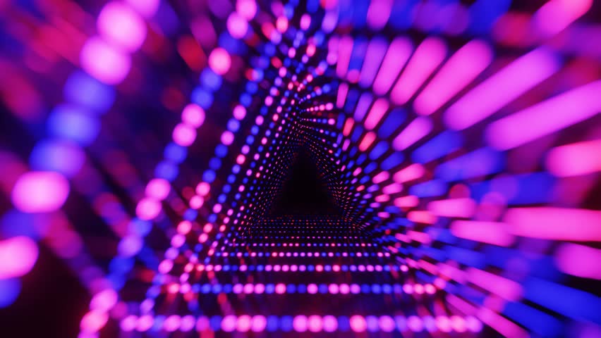 triangular tunnel. Fly through mirror tunnel with neon pattern, glow lines form sci fi pattern. Bright reflection neon light. Simple bright background, sci fi structure. 4k seamless. 3D Illustration