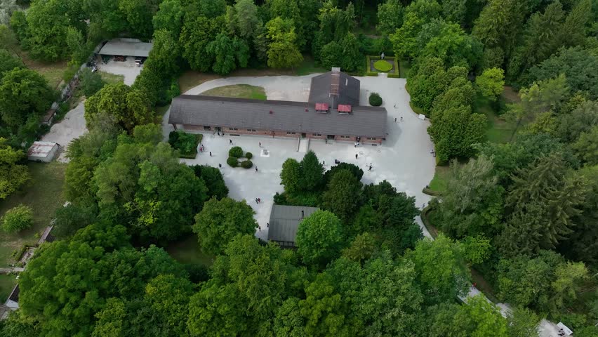 Drone view Dachau. Concentration camp memorial site. Dachau Nazi concentration camp. World war two. Death concentration center camp. Historical site and museum. Munich, Bavaria. Germany.