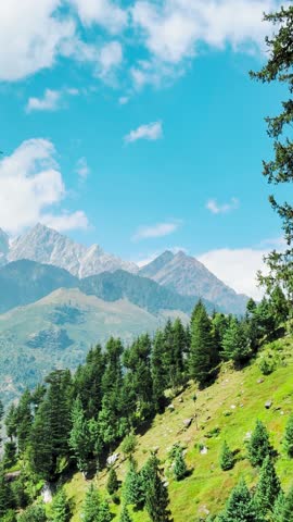 4K vertical shot of beautiful Himalaya mountain range during summer season. Mountains and green pine trees as seen from Jogini waterfall in Manali, Himachal Pradesh, India. Nature landscape.
