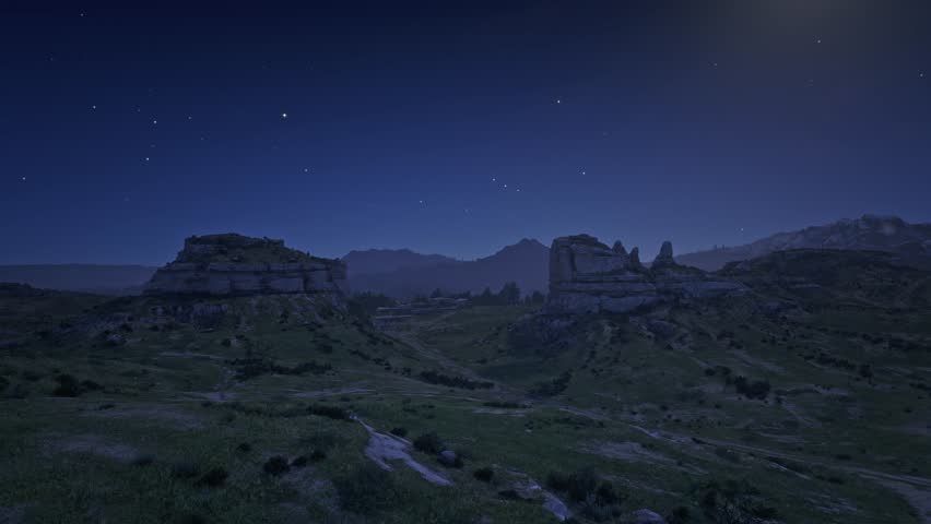 3D. USA. Nebraska. Scotts Bluff. Mitchell Pass on a starry night