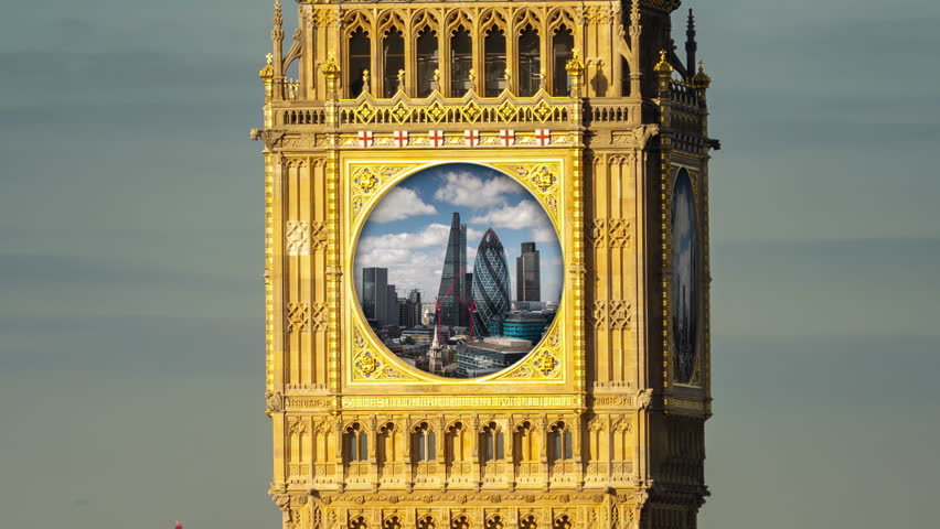 timelapse of the iconic big ben in london, england with the clock face replaced london skyline timelapse