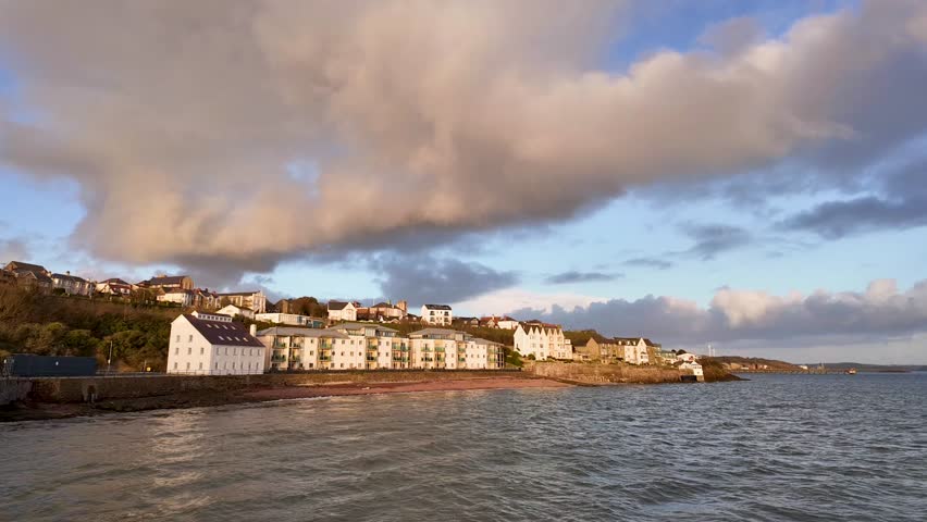 Coastal Buildings Of Milford Waterfront In Cleddau House, Nelson Quay, Milford Haven, United Kingdom. Timelapse