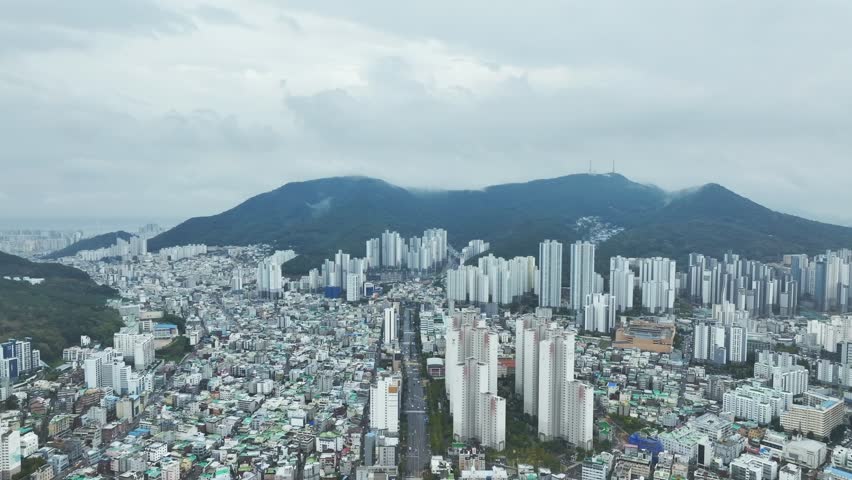 Drone View of Busan city in South Korea, Yeonsan Station, Summer, 60fps