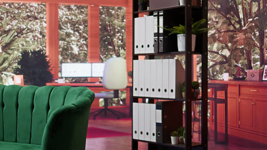 Empty therapist office ready for a psychiatry session with clients in modern interior, clipboard notebook used to take notes and offer guidance. Psychotherapy and counseling in a safe space.