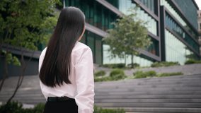 Back view unrecognizable woman business lady businesswoman manager employer leader ceo female girl worker outside climbing stairs walk go steps office building professional city boss downtown unknown - Powered by Shutterstock - Get 15% off with code: PIKWIZARD15