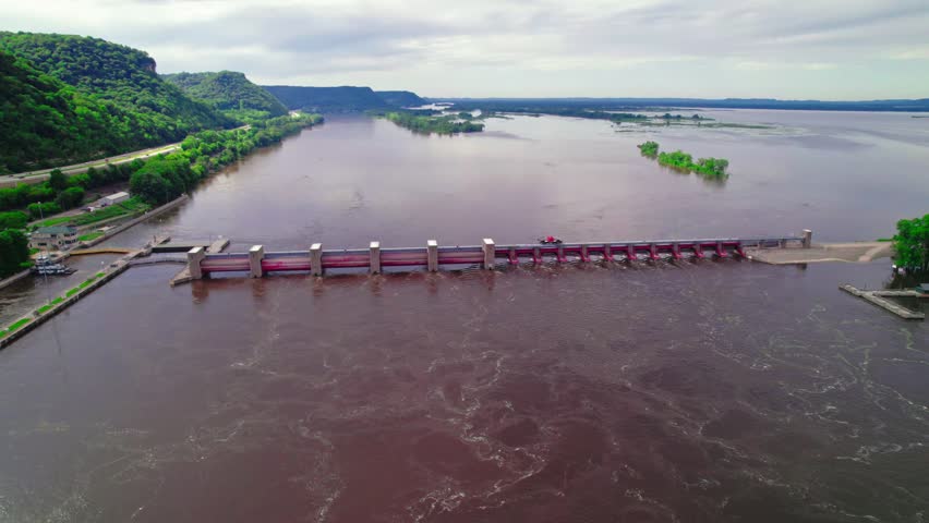 Maintenance vehicle on top of US Lock and Dam No. 7 on the Mississippi River, Minnesota, aerial view