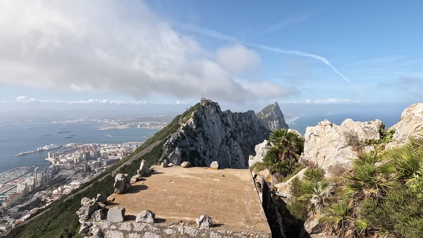 Overlooking the summit ridge of the Rock of Gibraltar. Dramatic views on the skyline and old fortress.