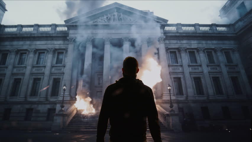 Silhouette Protester Holds Torch Government Building Revolution Urban Unrest Riot Smoke