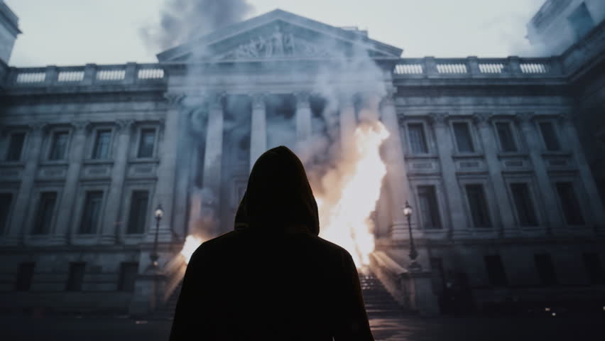 Silhouetted Man With Flare Outside Historic Building Revolution Protest Anarchy Unrest Movement