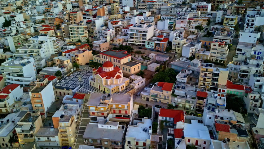 Aerial view around Church of St. Catherine, sunset in Sitia, Crete, Greece
