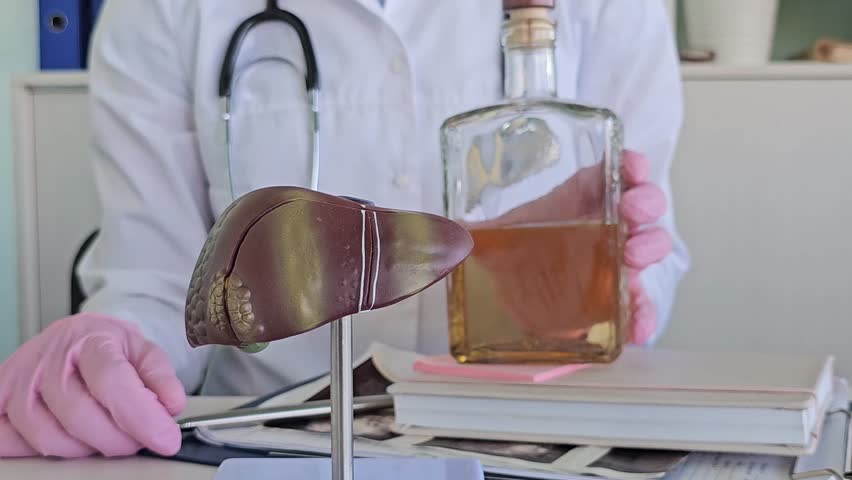 Alcoholic liver damage and liver cirrhosis concept with liver and alcohol