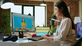 Asian creative woman edits photos using professional design software in a modern home office. Working with digital tools in the graphic design industry, retouching techniques. Camera A. - Powered by Shutterstock - Get 15% off with code: PIKWIZARD15