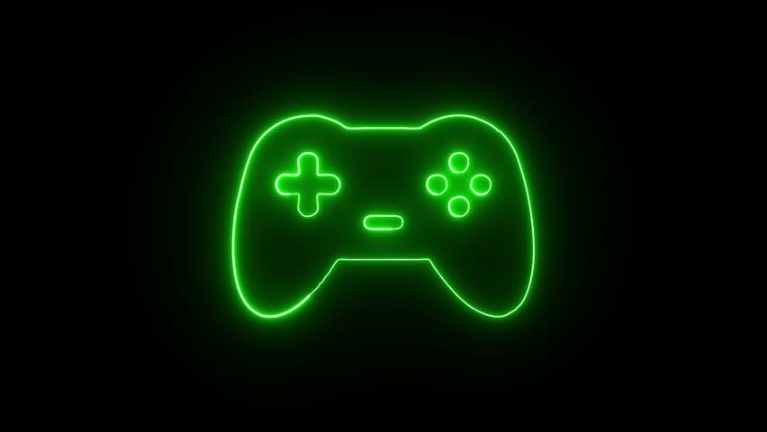 Neon joystick sign animation. Glowing neon icon, looped slow flashing animation. Game station controller, play console, for .