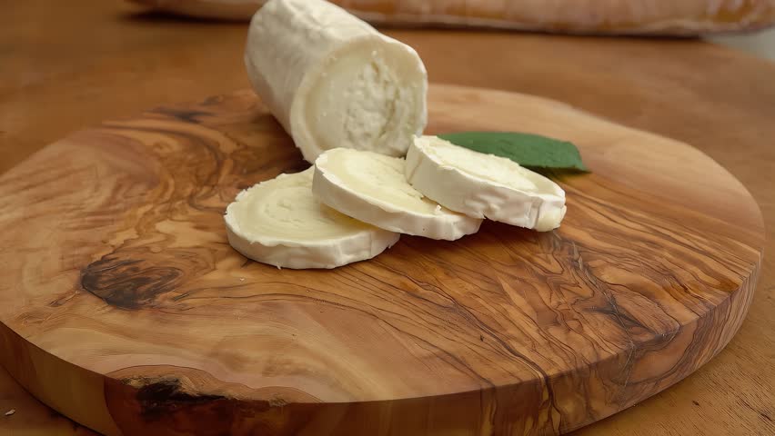 Goat cheese with bread. Pan movement of the camera. High quality 4k footage