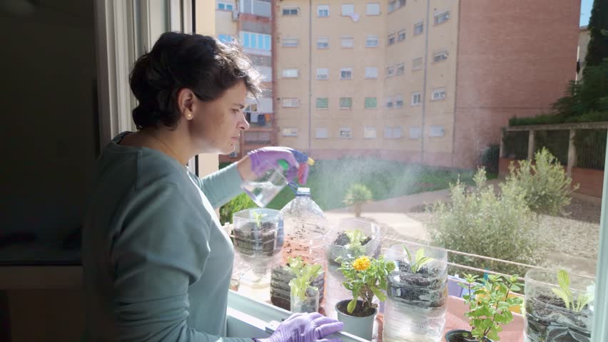 A white woman with short hair smells a mint plant she is growing on her balcony window in a recycled plastic container to use as a pot.