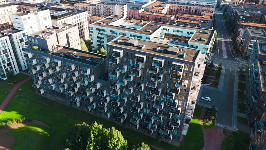 Aerial - renovated residential area building facade in downtown, Copenhagen