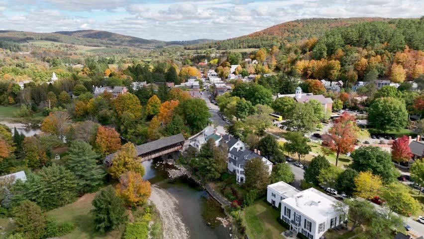 high fast pullout over woodstock vermont, small town america