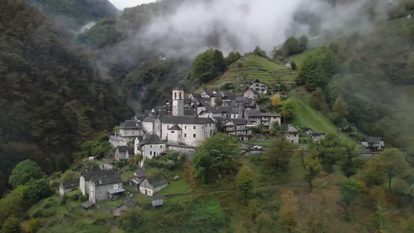 Aerial view of the beautiful village of Corippo, Valle Verzasca, Switzerland.
