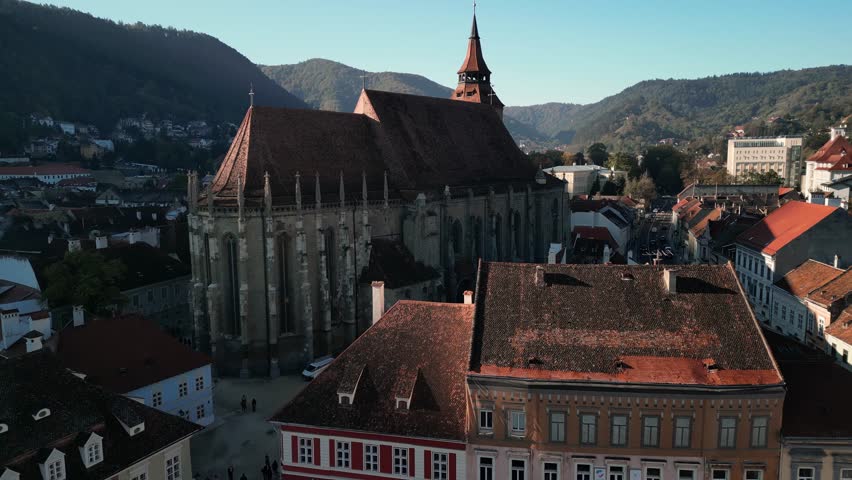 Aerial view of the Black Church in Brasov, Romania. 