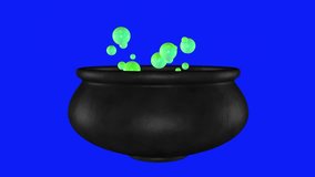Black pot with green potion, bubbling and bubbles flying out. 3D animation for Halloween on blue screen. - Powered by Shutterstock - Get 15% off with code: PIKWIZARD15