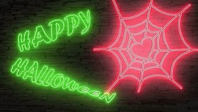 green neon sign HAPPY HALLOWEEN next to red neon sign spider's web with heart, elegant display, slight flickering, fluorescent lights on dark brick wall background, landscape, perfect for marketing - Powered by Shutterstock - Get 15% off with code: PIKWIZARD15