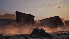 Dystopian post apocalyptic village in a desert arid environment with bones scattered, war vehicle, flying birds, rocks, sand, and dust particles 3D animation, camera pan right. - Powered by Shutterstock - Get 15% off with code: PIKWIZARD15