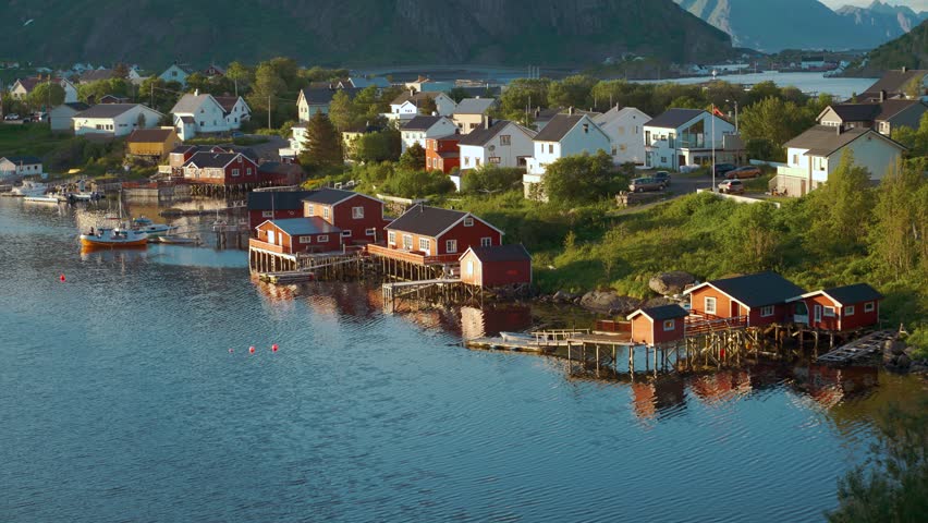 Reine village red houses, Lofoten islands, Norway, Scandinavia. Scenic viewpoint Reinebringen