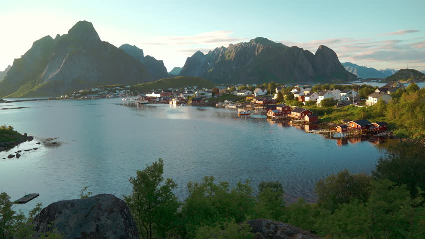 Scenic Lofoten islands cinemagraph, Norway, Scandinavia. Historic red wooden houses Reine village