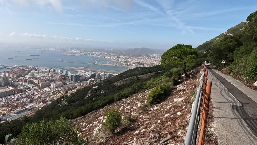 View from the Rock of Gibraltar over the city skyline and atlantic ocean strait
