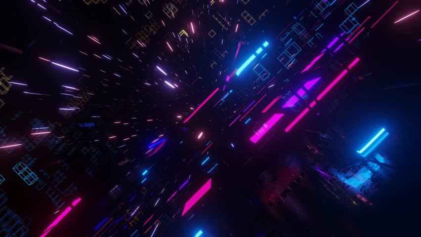 Data flow. Big data or blockchain digital space. Fly through hi-tech futuristic environment or neon tunnel, complex sci-fi structure. 3d seamless background in 4k. Information stream. 3D Illustration