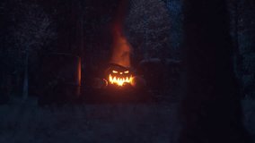 Experience the spooky atmosphere of Halloween night with a fiery jack-o'-lantern illuminating a shadowy forest.  - Powered by Shutterstock - Get 15% off with code: PIKWIZARD15