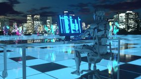 This animation showcases an AI-powered robot operating a computer in a high-tech office overlooking the Tokyo skyline. In the background, digital citizens are seen interacting with signals,  - Powered by Shutterstock - Get 15% off with code: PIKWIZARD15