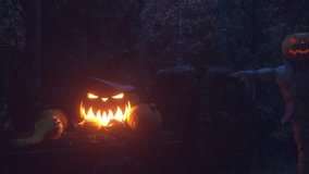 Experience the spooky atmosphere of Halloween night with a fiery jack-o'-lantern illuminating a shadowy forest. A menacing scarecrow stands guard as a light snow falls, adding to the eerie ambiance.  - Powered by Shutterstock - Get 15% off with code: PIKWIZARD15