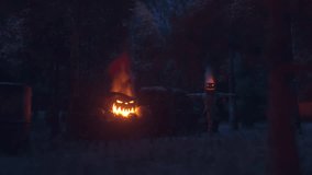 Experience the spooky atmosphere of Halloween night with a fiery jack-o'-lantern illuminating a shadowy forest.  - Powered by Shutterstock - Get 15% off with code: PIKWIZARD15
