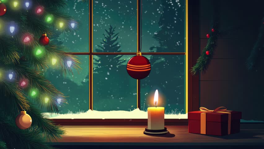 Animated Christmas concept decorations with a schristmas ball and candle in the side windows surrounded by snowfall. Cartoon style. seamless looping time lapse video 4k background.