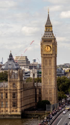 timelapse of the iconic big ben in london, england with the clock face replaced with different analogue clocks in vertical