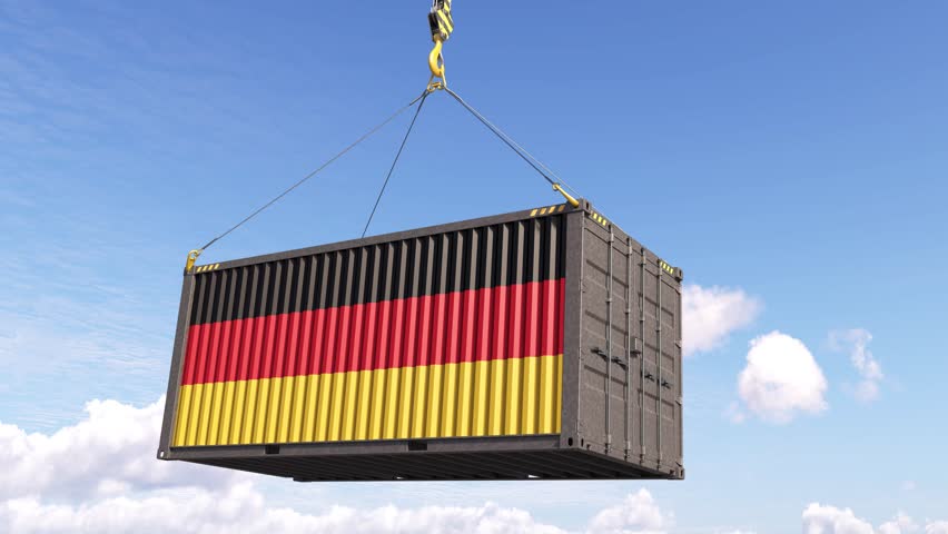 A cargo container featuring the national colors of Germany. The German sea container is set against a backdrop of the sky. The concept of overview importing and exporting in Germany. 3D render